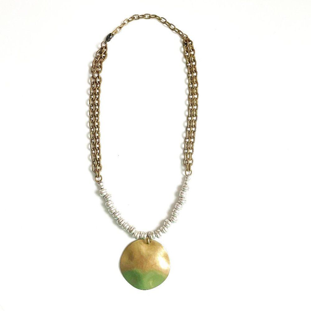 Boho Necklace Large Round Brass Pendant, Brass and Silver Plated Chain 15"